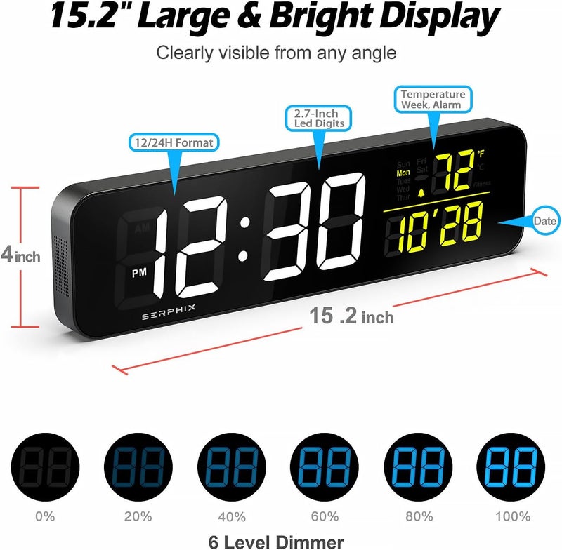 SERPHIX 15.2" Gym Timer, App & Remote Control, Customizable LED Colors, Temperature, Date, Workout Interval Timer Stopwatch Countdown Large Digital Wall Clock for Home Gym Garage - Image 2